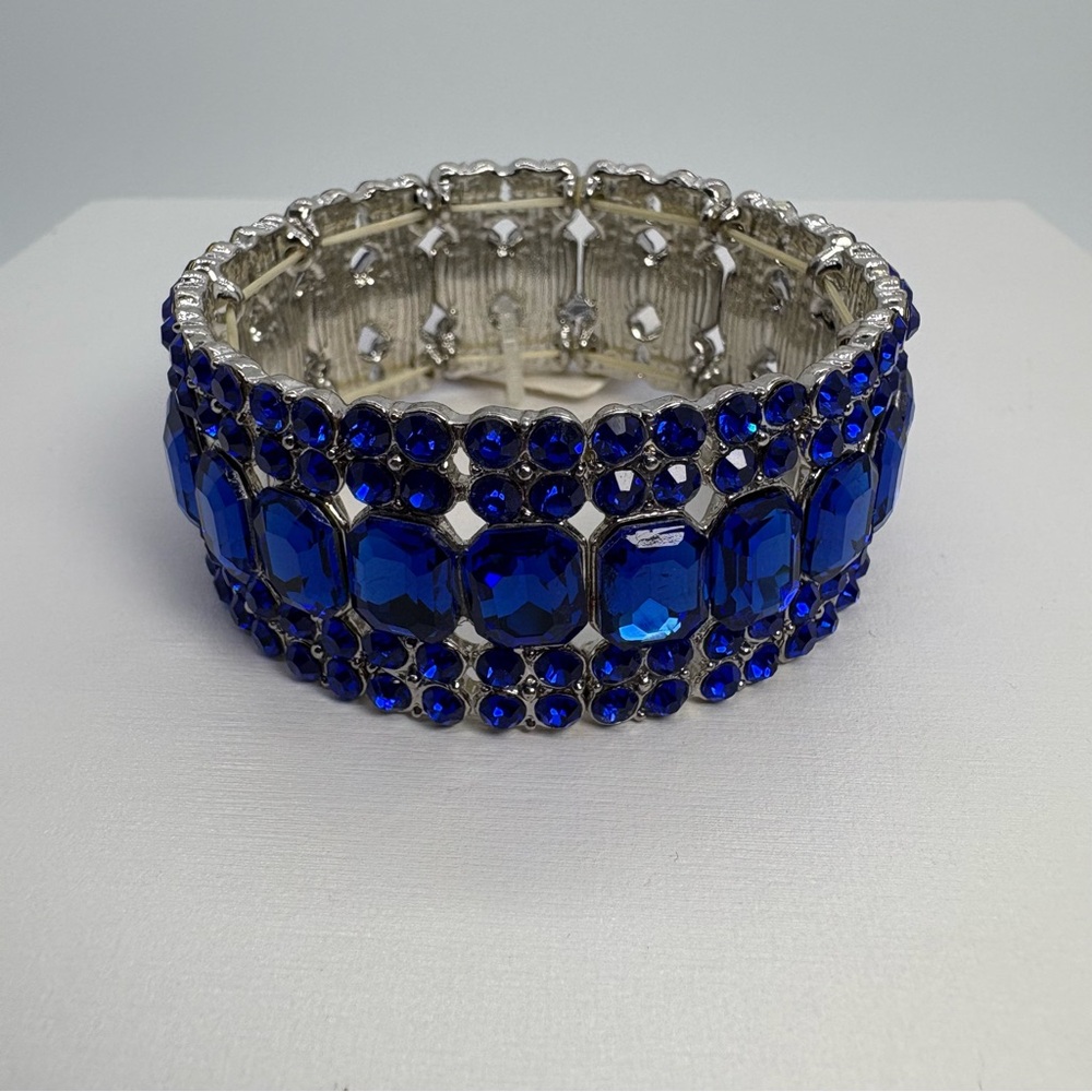 Wide Royal Blue Crystal Rhinestone Stretch Silver Tone Bracelet